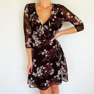 New Look purple black floral ruffle wrap dress size 6
